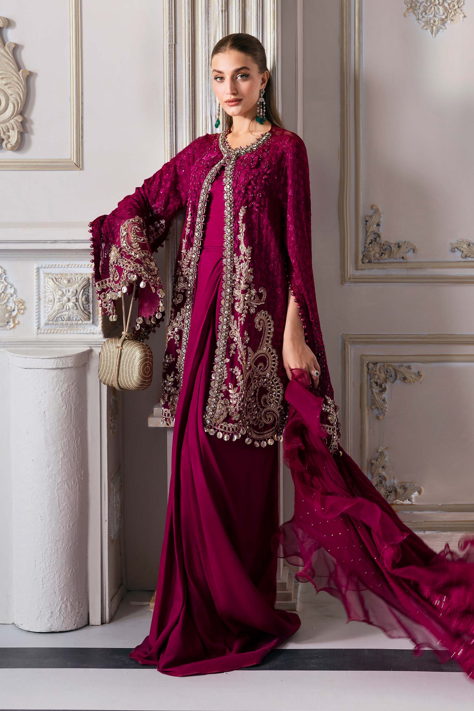 Pakistani Maroon Embroidered Chiffon & Organza 3-Piece Suit - Image 5