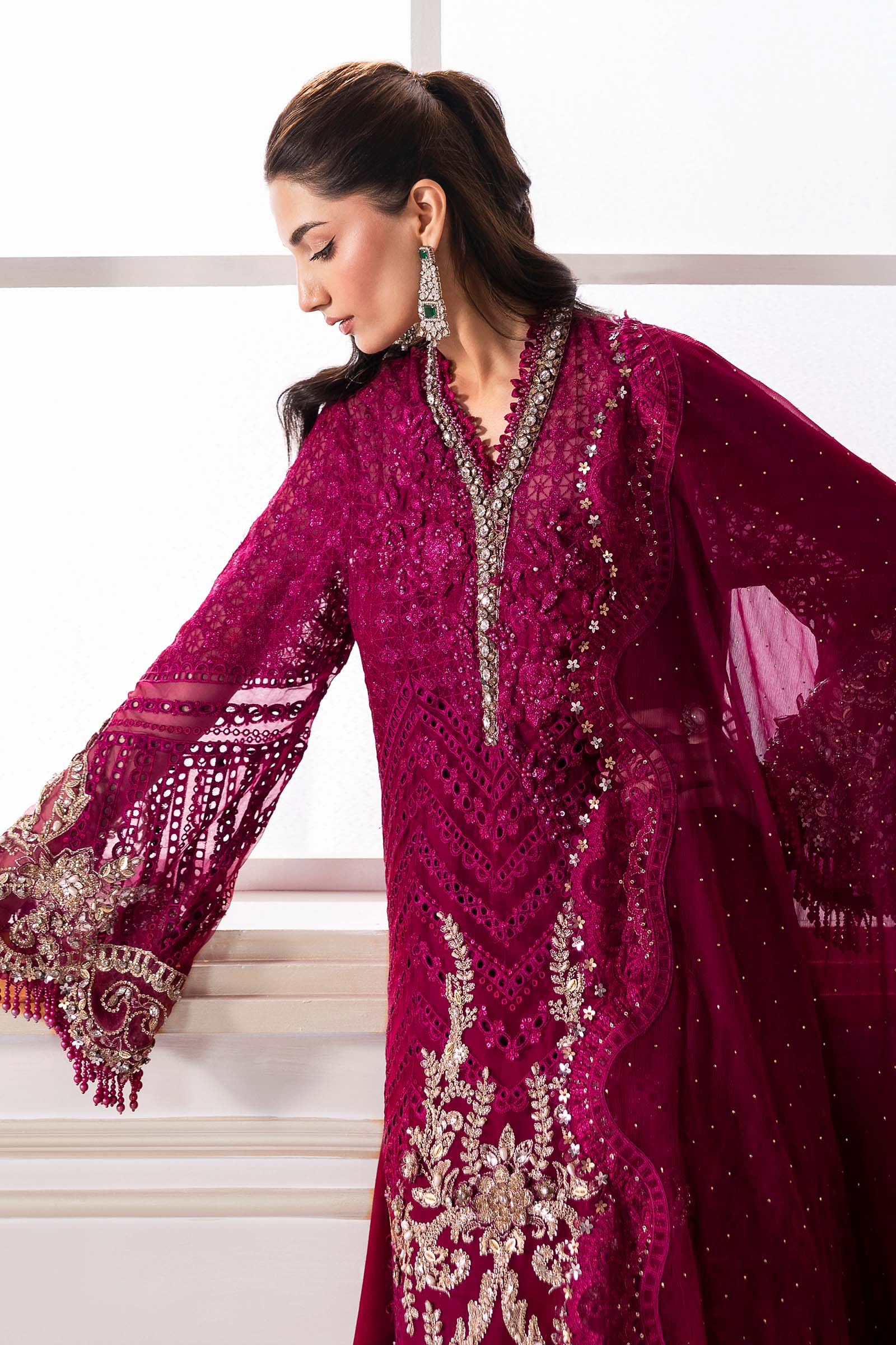 Pakistani Maroon Embroidered Chiffon & Organza 3-Piece Suit - Image 6