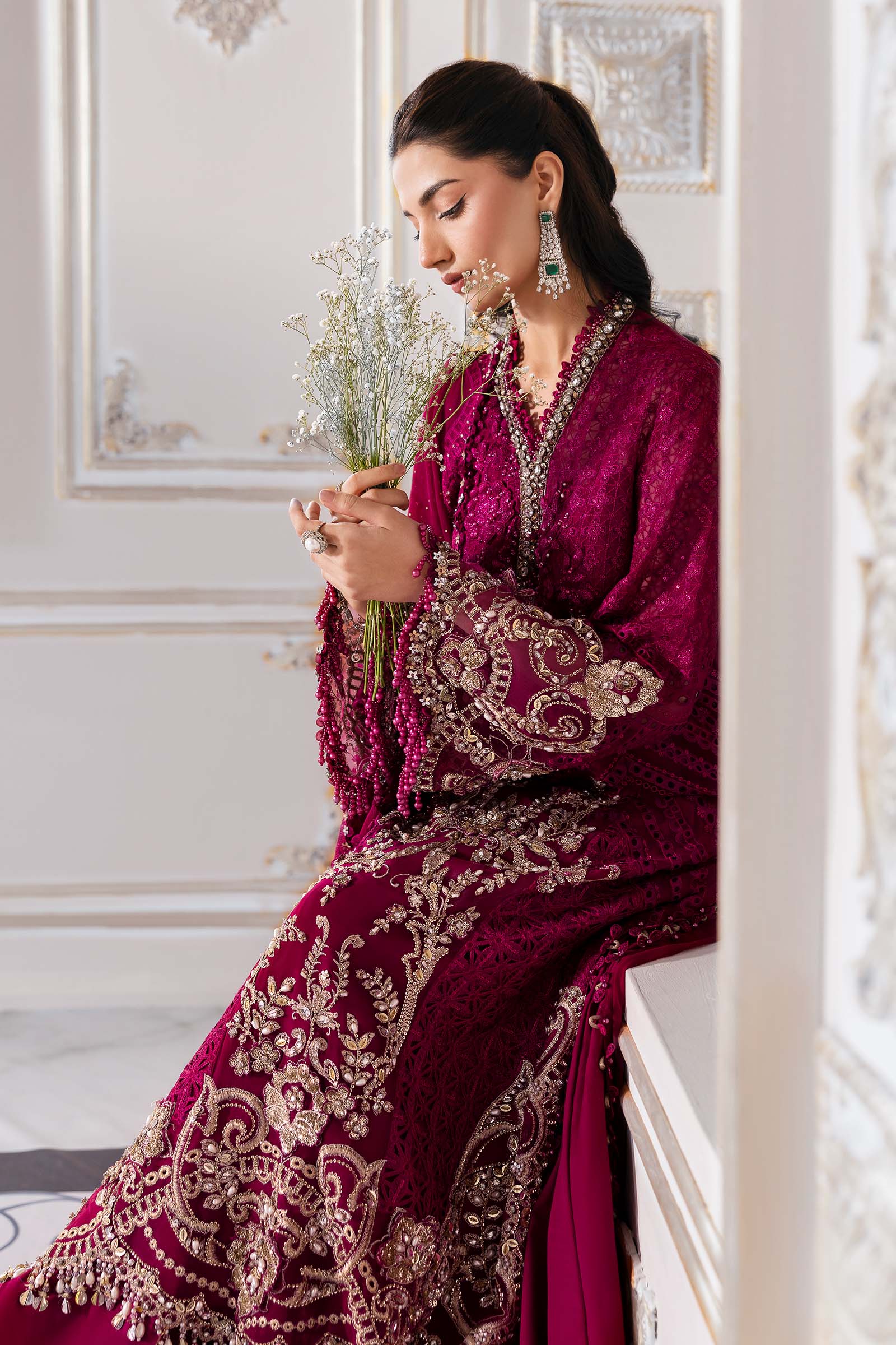 Pakistani Maroon Embroidered Chiffon & Organza 3-Piece Suit - Image 9