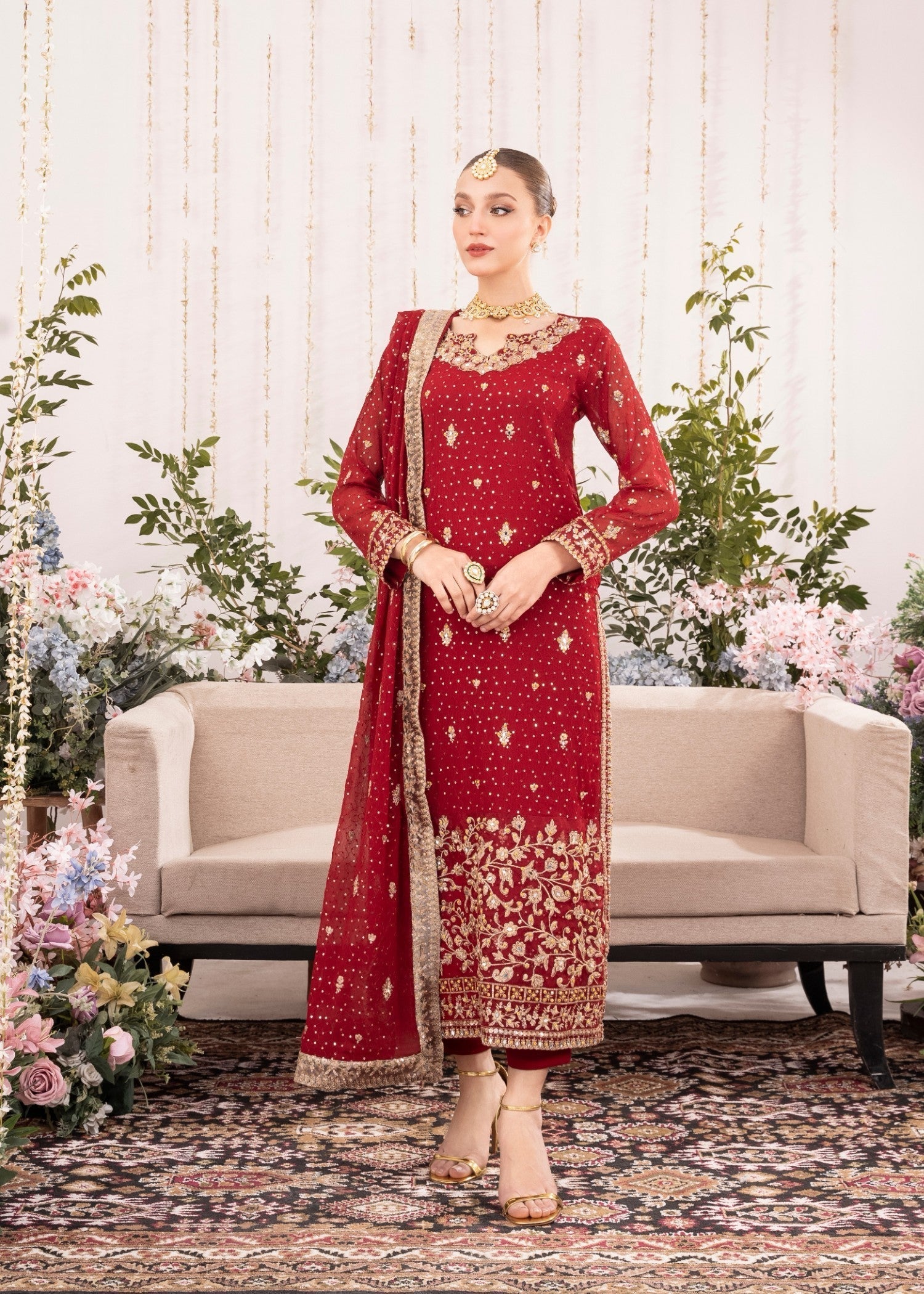 Maroon Embroidered Chiffon Kurta Set (3-Piece) - Image 1