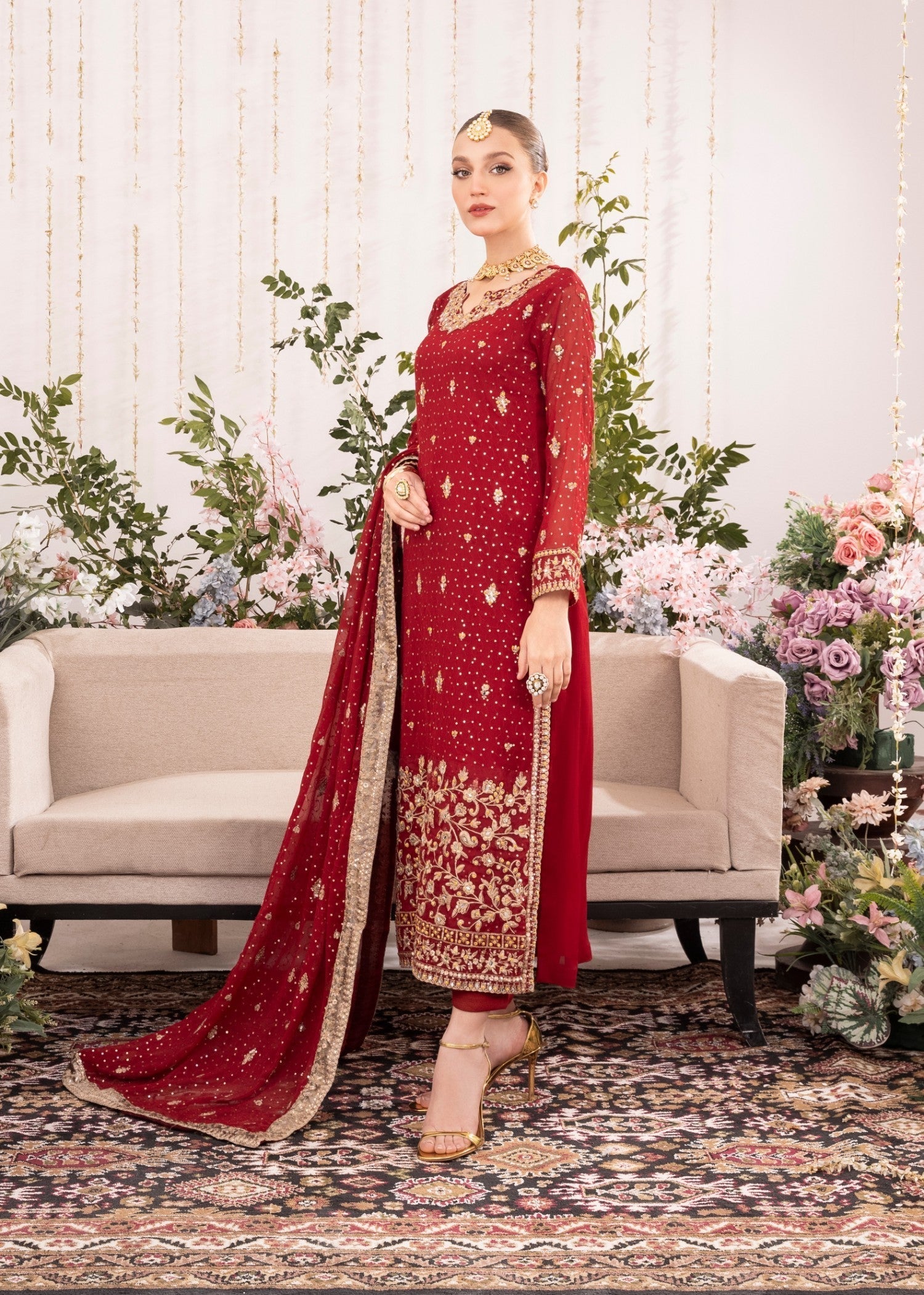Maroon Embroidered Chiffon Kurta Set (3-Piece) - Image 2