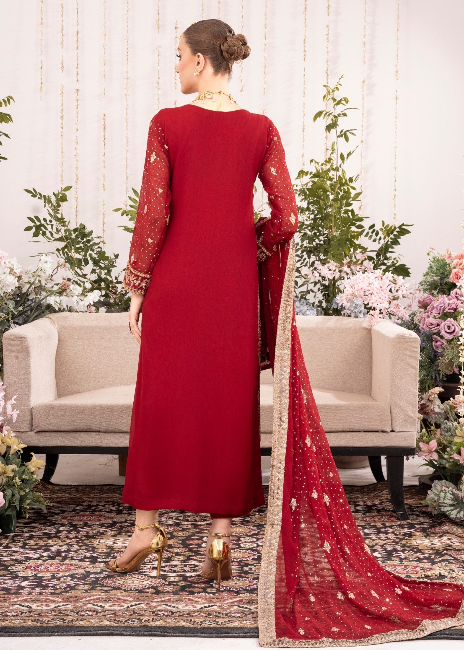 Maroon Embroidered Chiffon Kurta Set (3-Piece) - Image 3