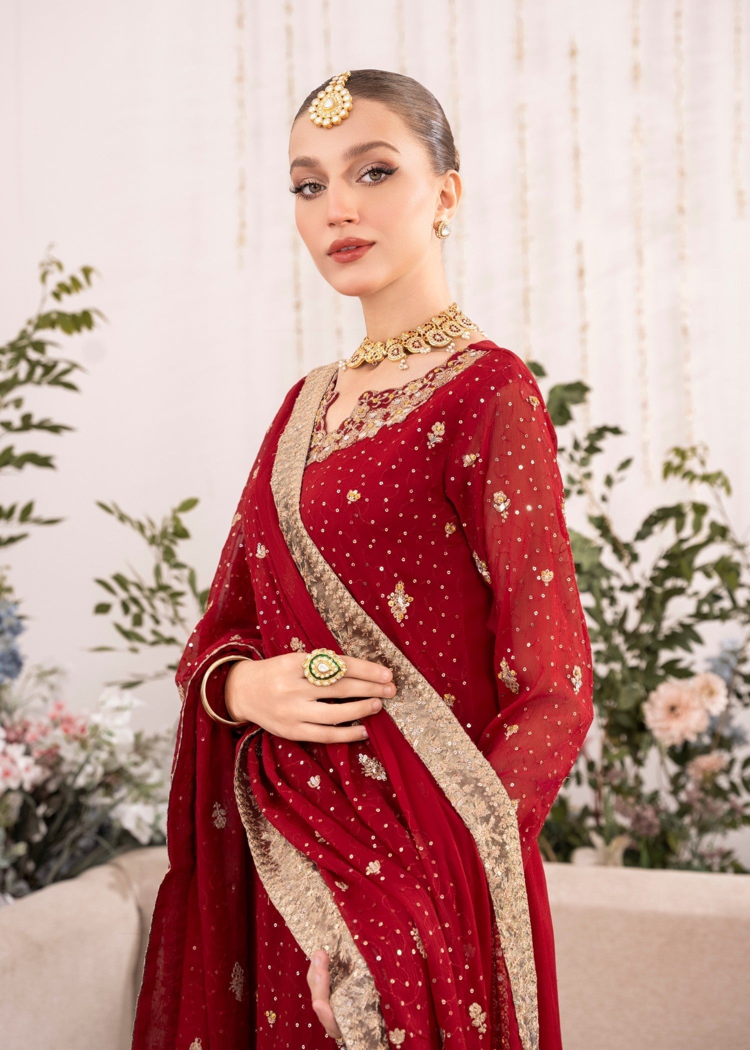 Maroon Embroidered Chiffon Kurta Set (3-Piece) - Image 4