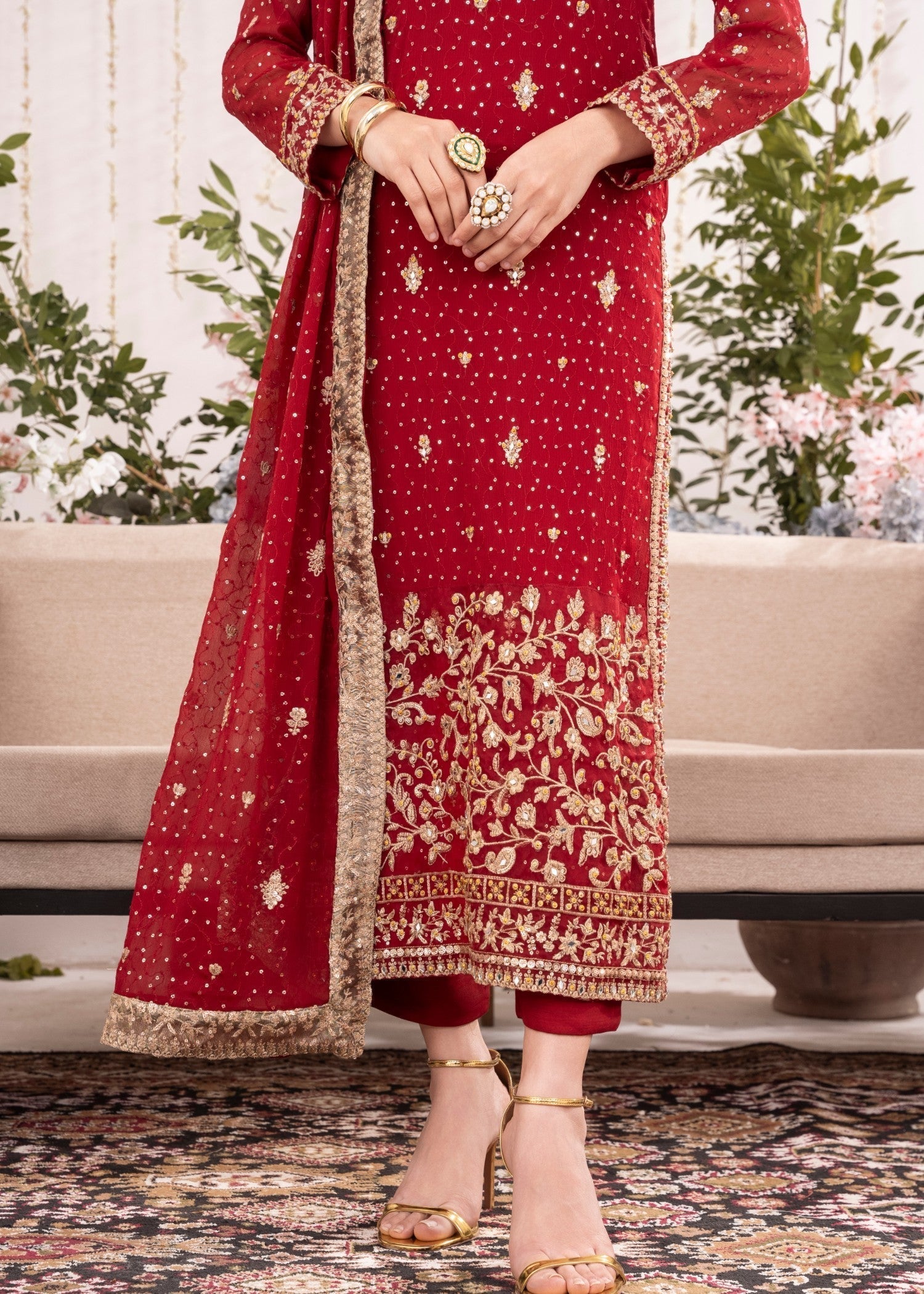 Maroon Embroidered Chiffon Kurta Set (3-Piece) - Image 5