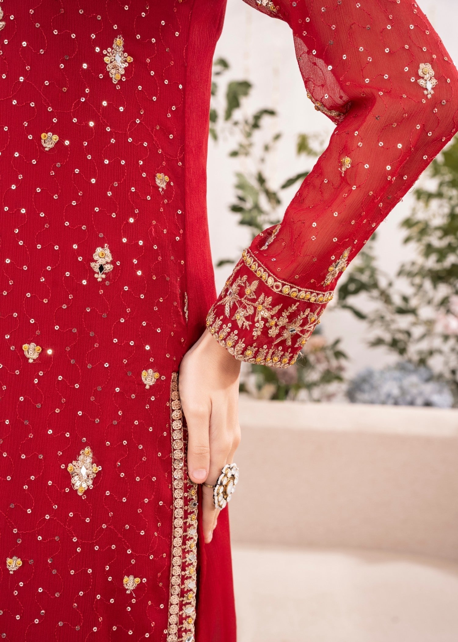 Maroon Embroidered Chiffon Kurta Set (3-Piece) - Image 6