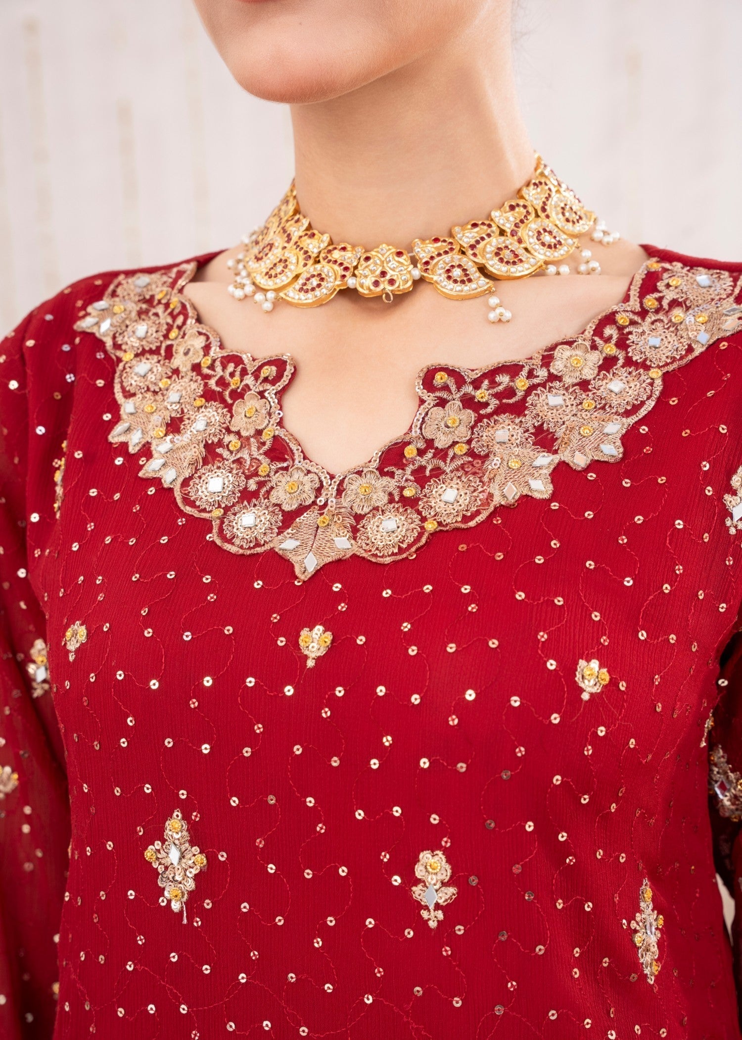 Maroon Embroidered Chiffon Kurta Set (3-Piece) - Image 7