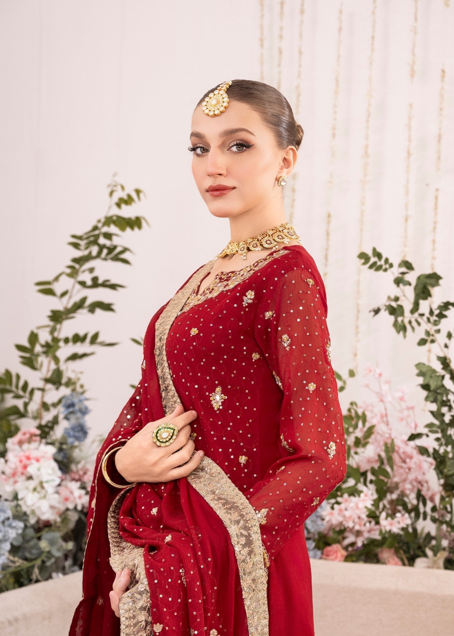 Maroon Embroidered Chiffon Kurta Set (3-Piece) - Image 8