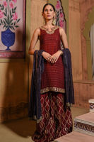 Pakistani Maroon Embroidered Cotton Net Shirt with Raw Silk Izaar (3-Piece) - Image 2