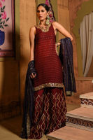 Pakistani Maroon Embroidered Cotton Net Shirt with Raw Silk Izaar (3-Piece) - Image 3