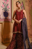 Pakistani Maroon Embroidered Cotton Net Shirt with Raw Silk Izaar (3-Piece) - Image 4