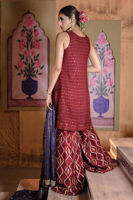 Pakistani Maroon Embroidered Cotton Net Shirt with Raw Silk Izaar (3-Piece) - Image 6