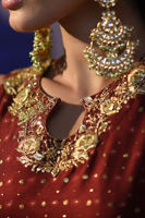 Pakistani Maroon Embroidered Cotton Net Shirt with Raw Silk Izaar (3-Piece) - Image 7