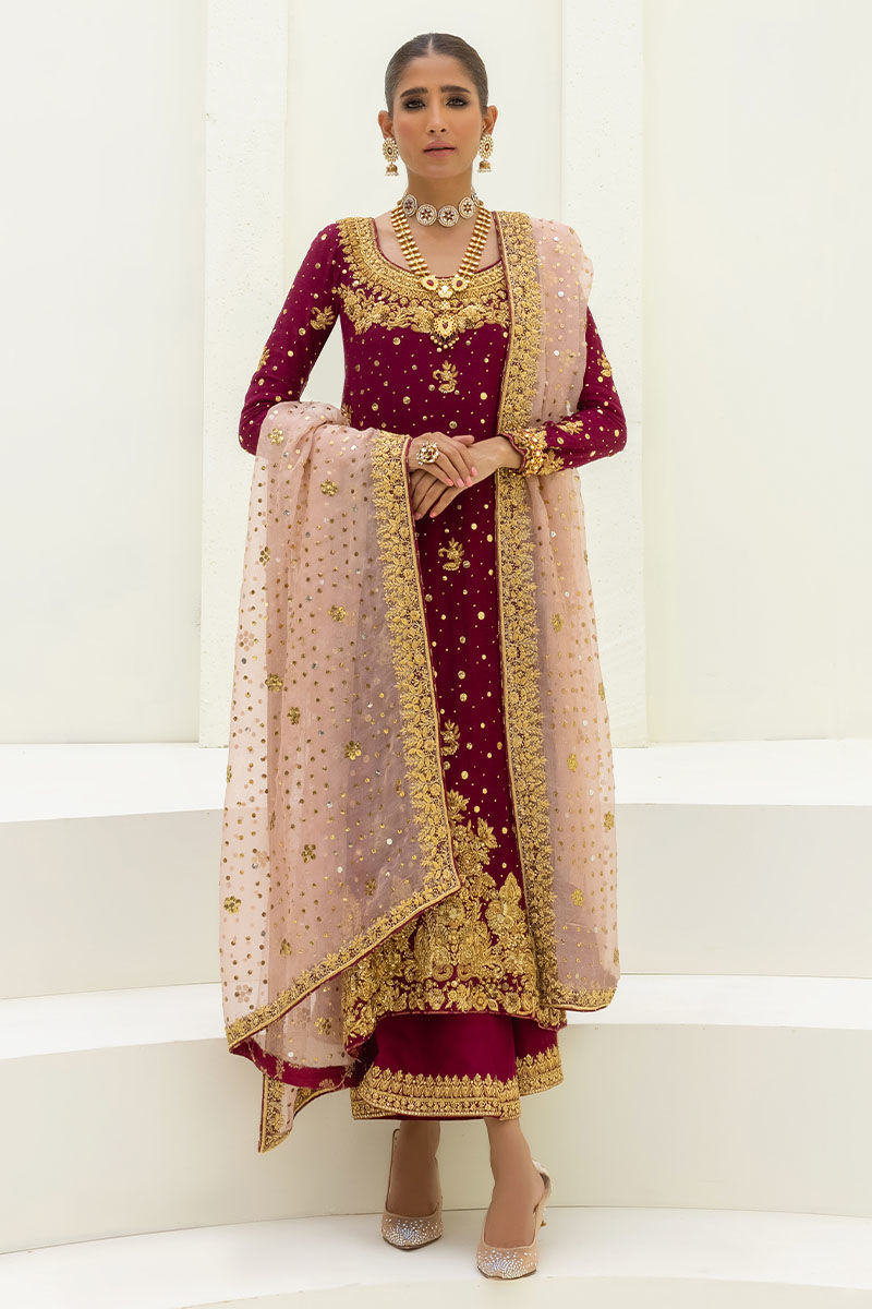 Pakistani Maroon & Powder Pink Embroidered Cotton Net Salwar Kameez (3-Piece) - Image 1