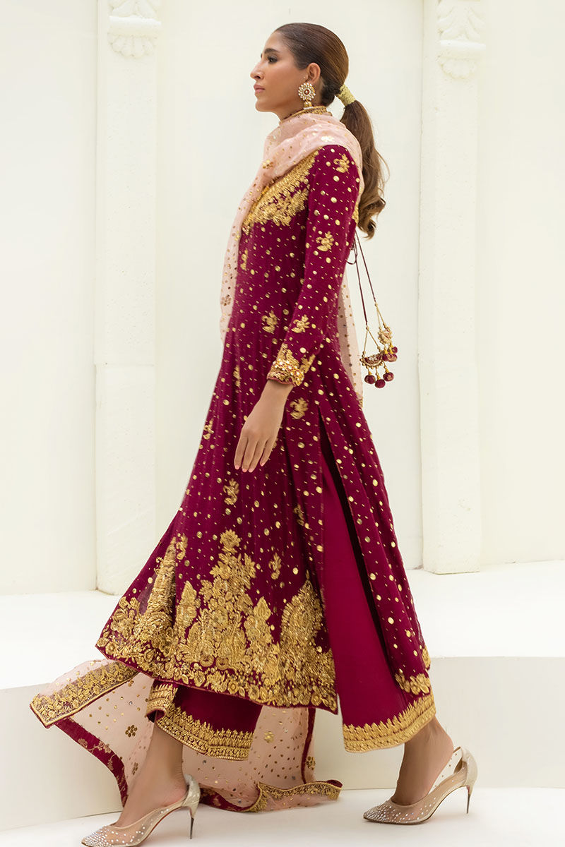 Pakistani Maroon & Powder Pink Embroidered Cotton Net Salwar Kameez (3-Piece) - Image 2