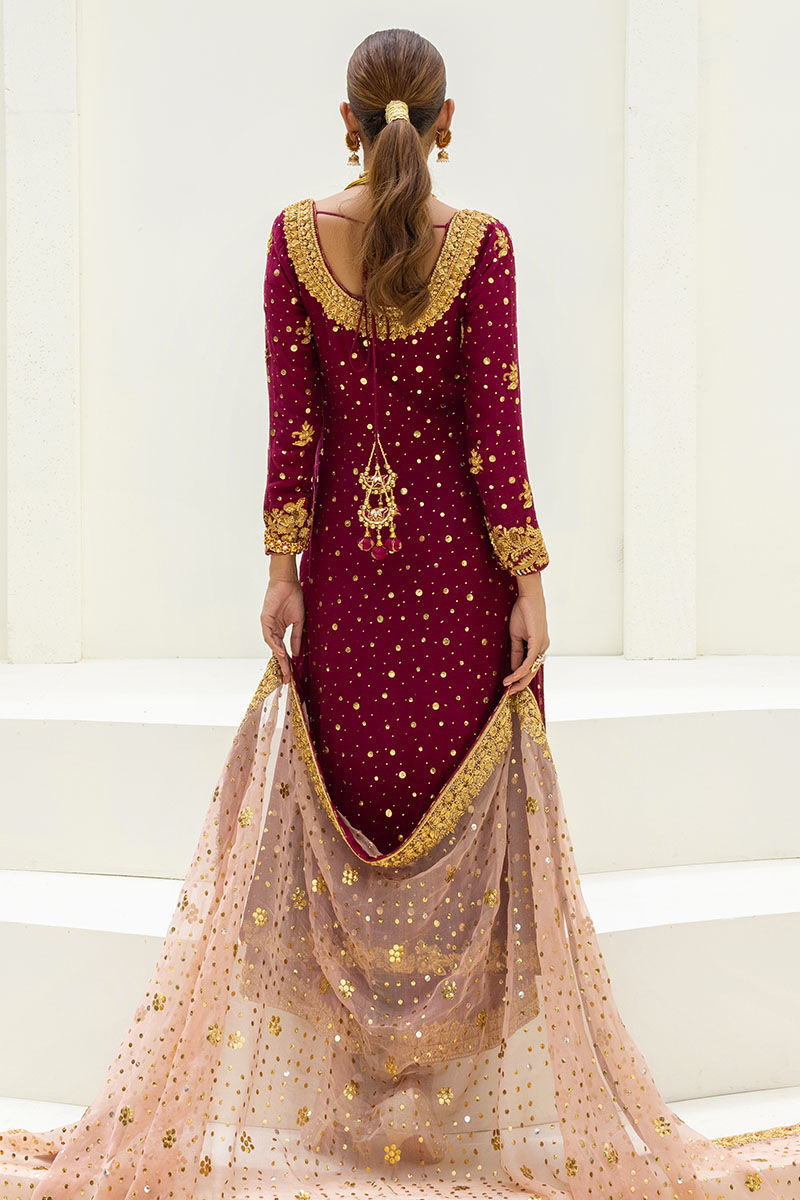 Pakistani Maroon & Powder Pink Embroidered Cotton Net Salwar Kameez (3-Piece) - Image 3
