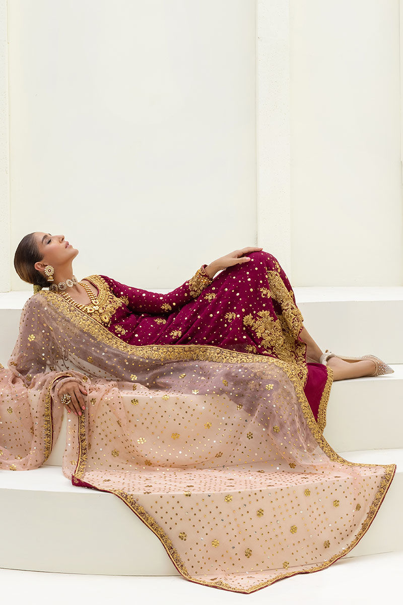 Pakistani Maroon & Powder Pink Embroidered Cotton Net Salwar Kameez (3-Piece) - Image 4