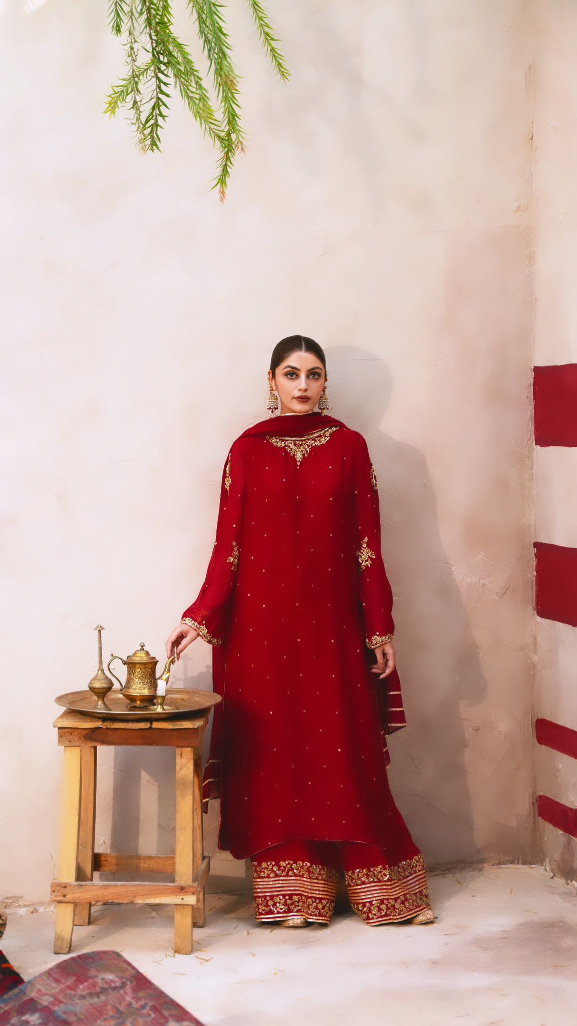 Pakistani Dark Maroon Zardozi Cotton Net Kameez (3-Piece) - Image 1