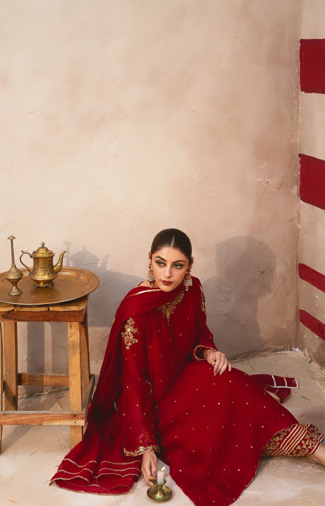 Pakistani Dark Maroon Zardozi Cotton Net Kameez (3-Piece) - Image 2