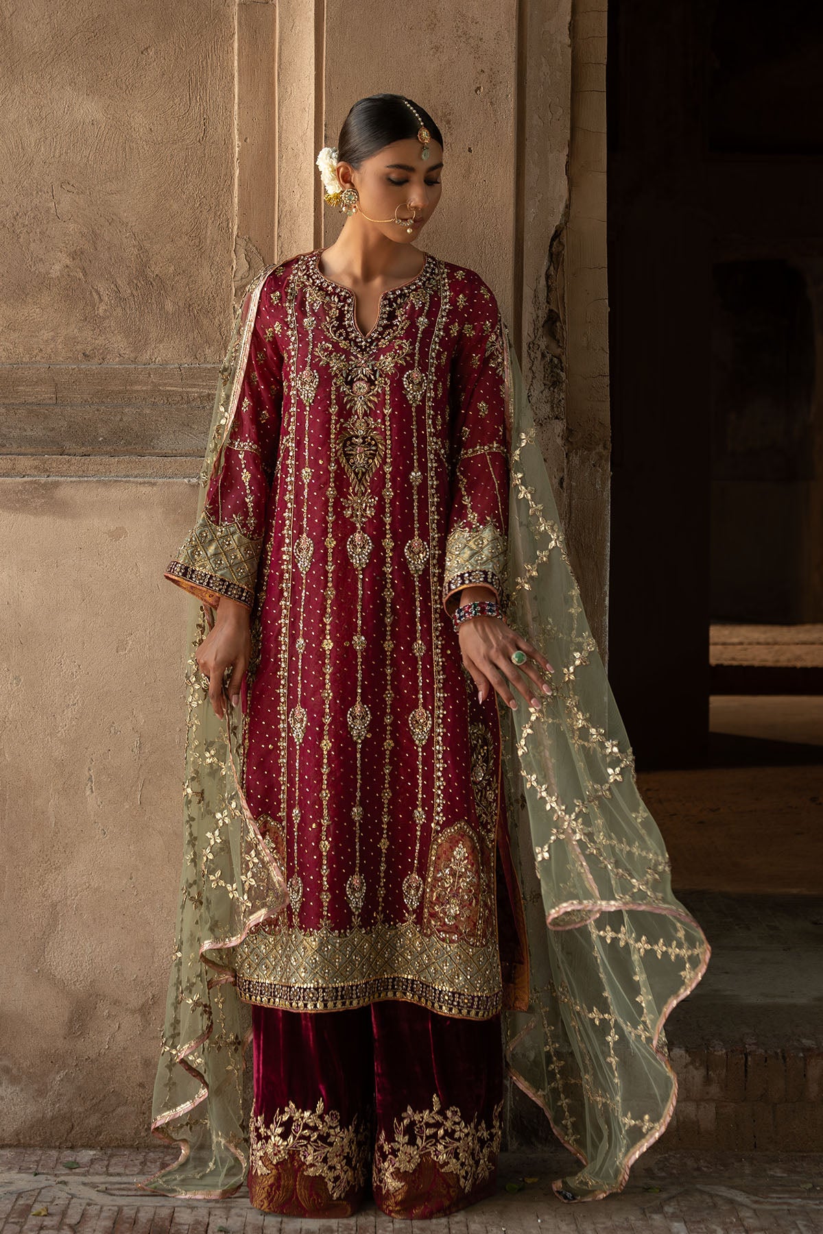Maroon Zari Velvet Cotton Kameez (3-Piece) - Image 2