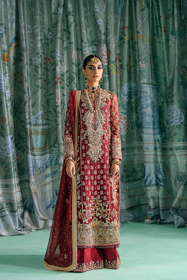 Pakistani Deep Maroon Zardozi Cotton Net Salwar Kameez (3-Piece) - Image 3