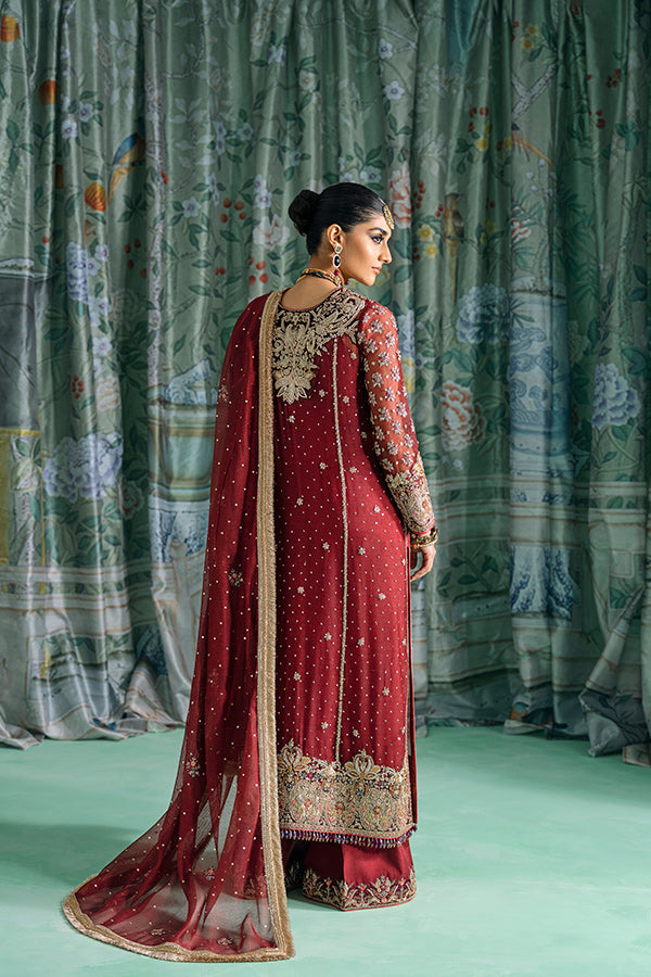 Pakistani Deep Maroon Zardozi Cotton Net Salwar Kameez (3-Piece) - Image 4