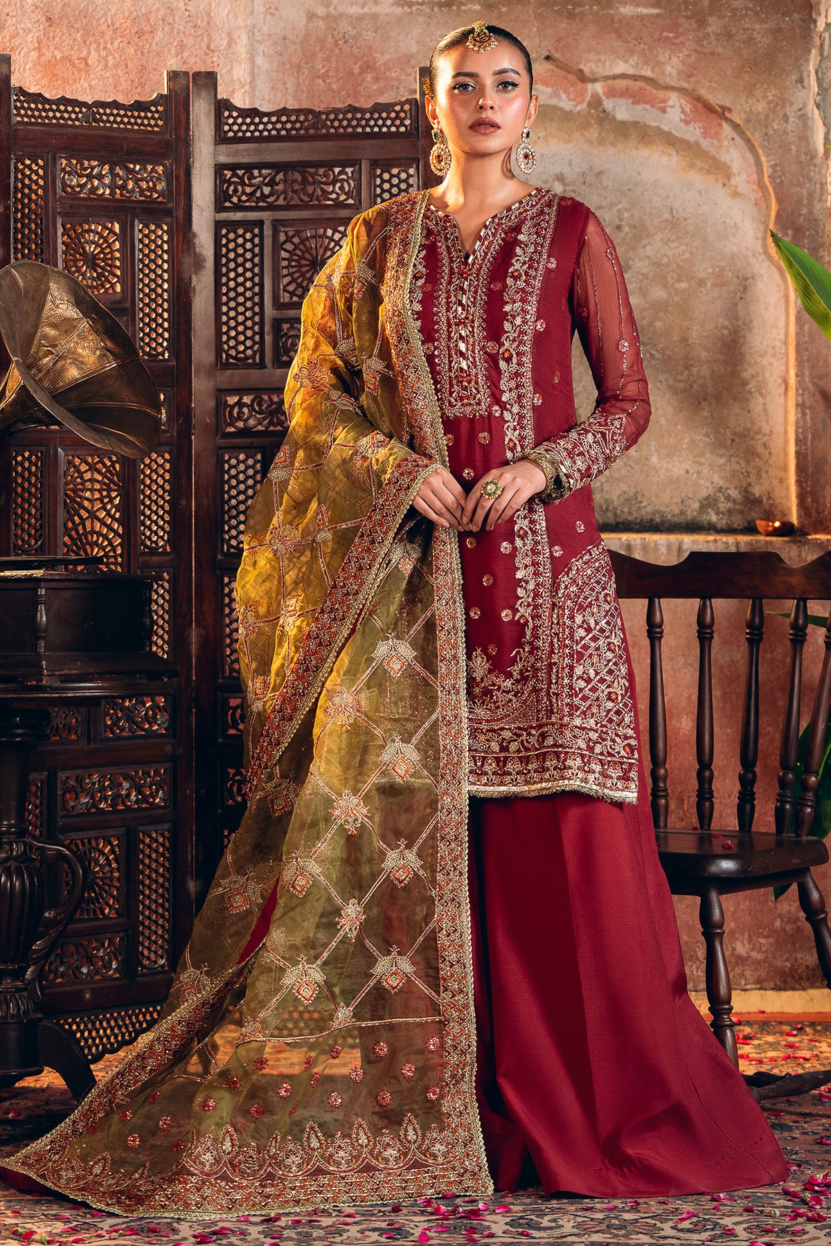 Pakistani Maroon Embroidered Crinkle Chiffon Salwar Kameez (3-Piece) - Image 1