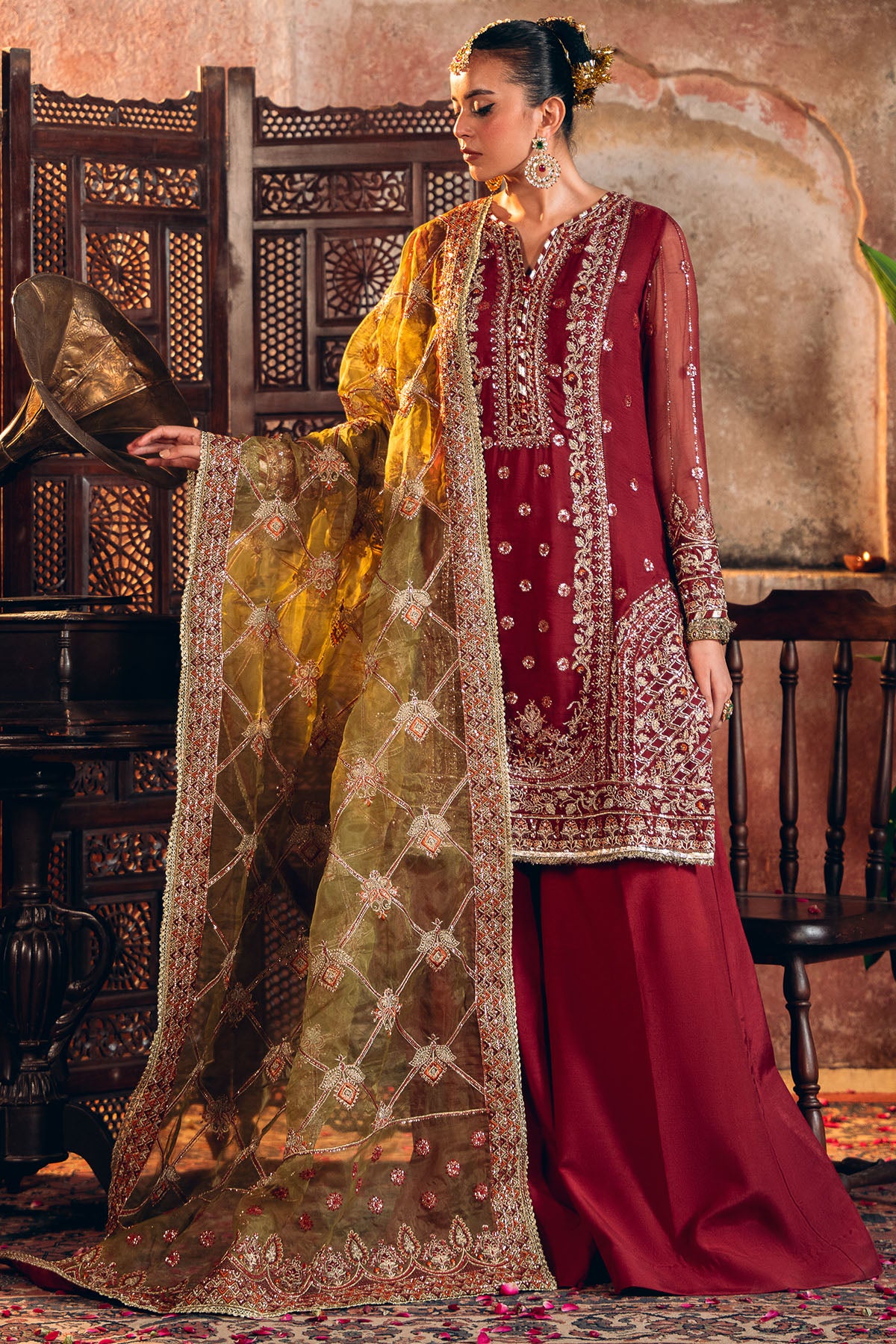 Pakistani Maroon Embroidered Crinkle Chiffon Salwar Kameez (3-Piece) - Image 2