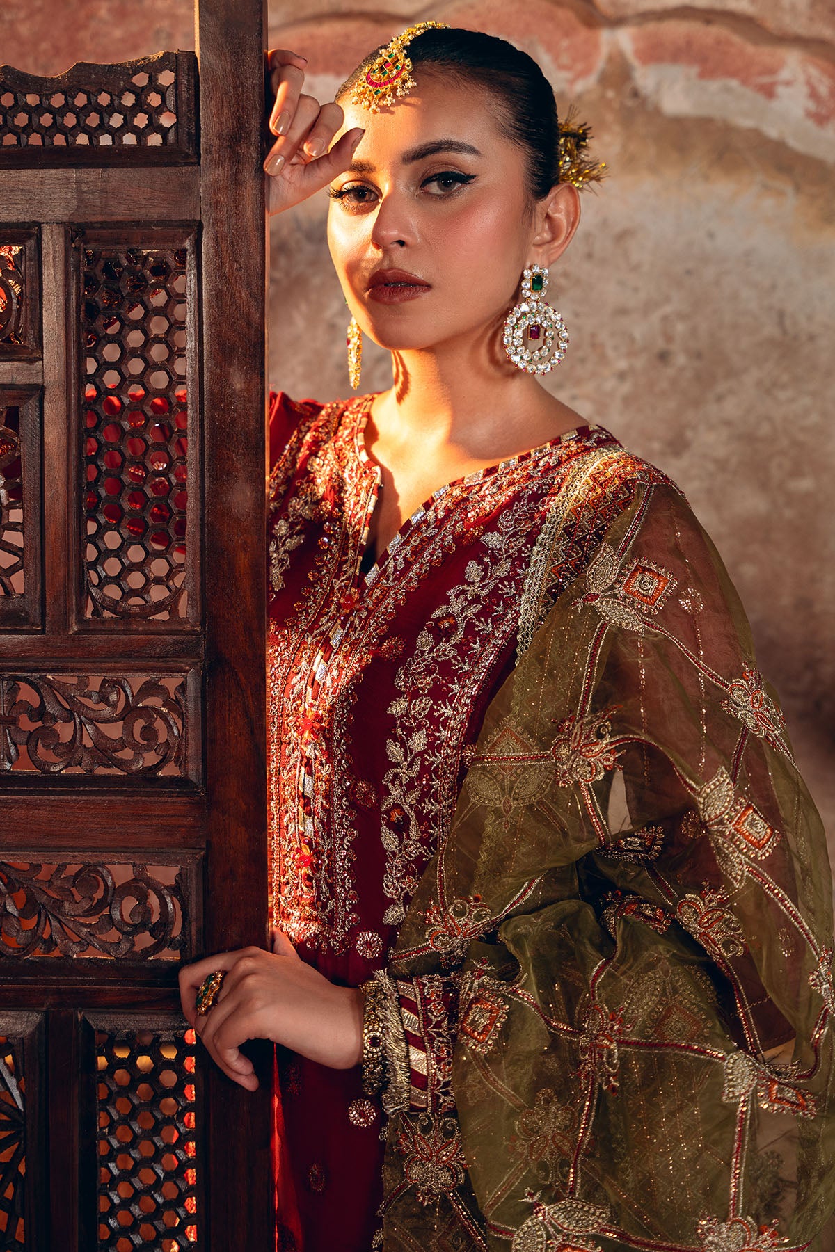 Pakistani Maroon Embroidered Crinkle Chiffon Salwar Kameez (3-Piece) - Image 4