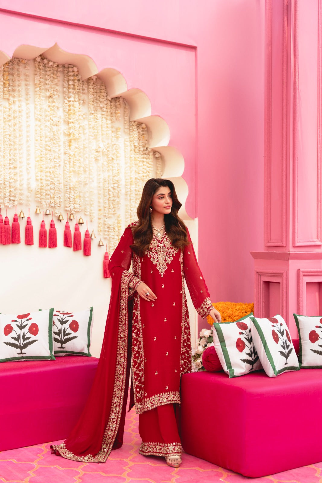 Maroon Zari Embroidered Cotton Net Kameez (3-Piece) - Image 1