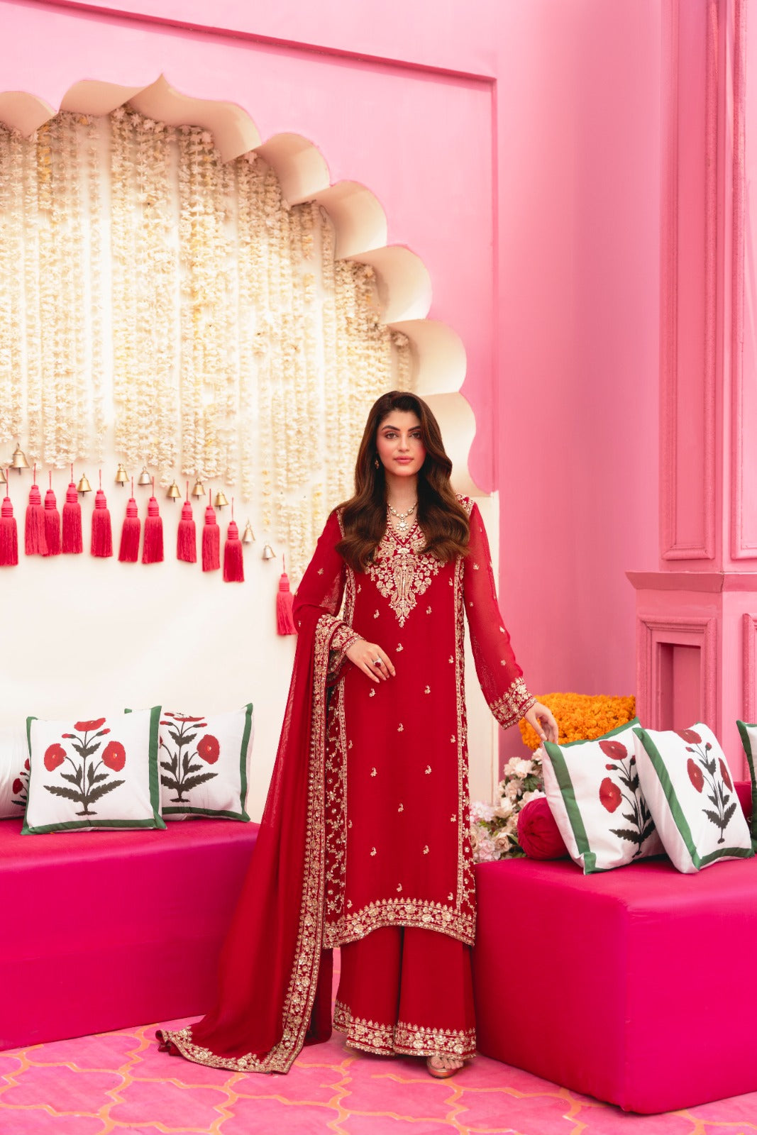 Maroon Zari Embroidered Cotton Net Kameez (3-Piece) - Image 3