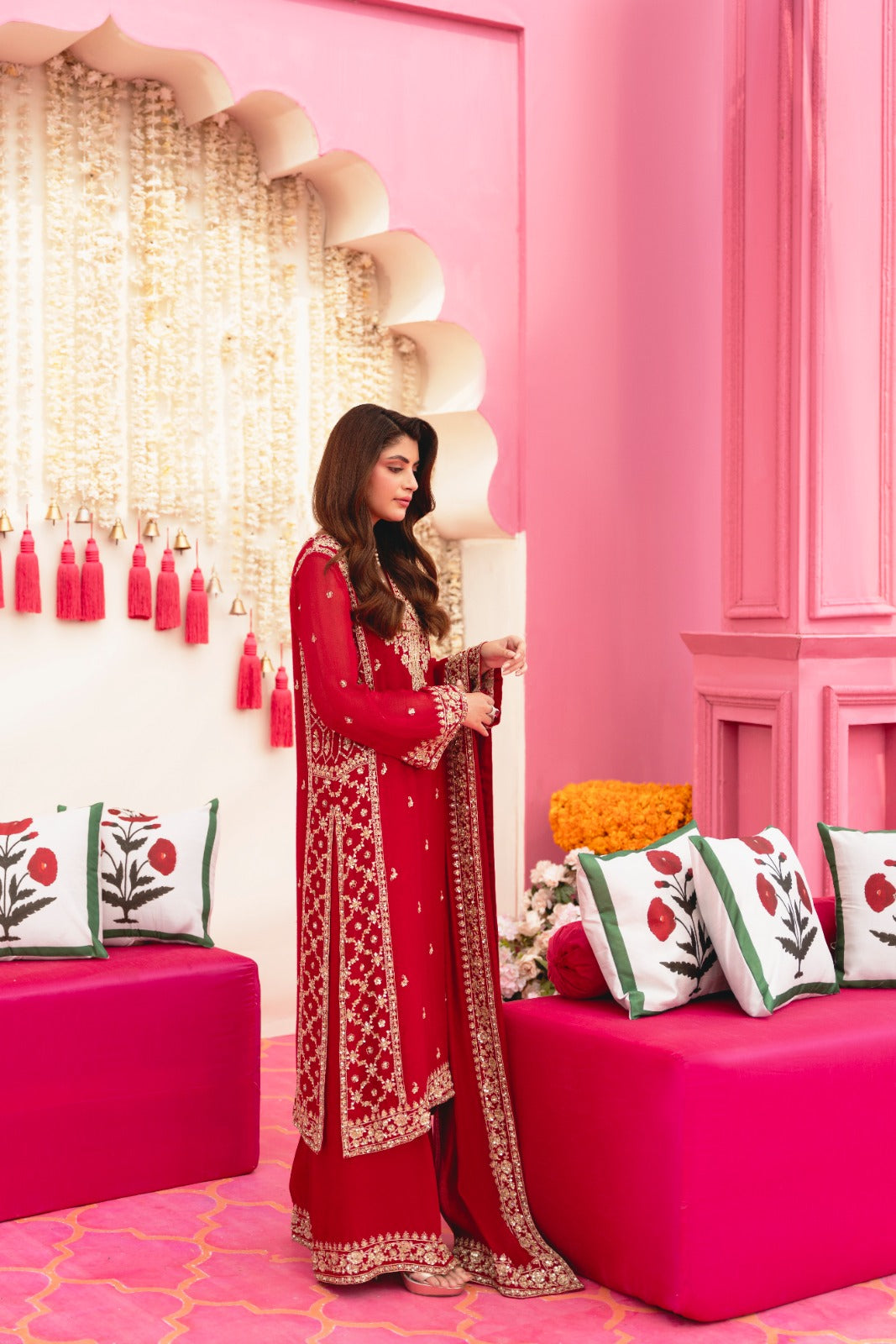 Maroon Zari Embroidered Cotton Net Kameez (3-Piece) - Image 4