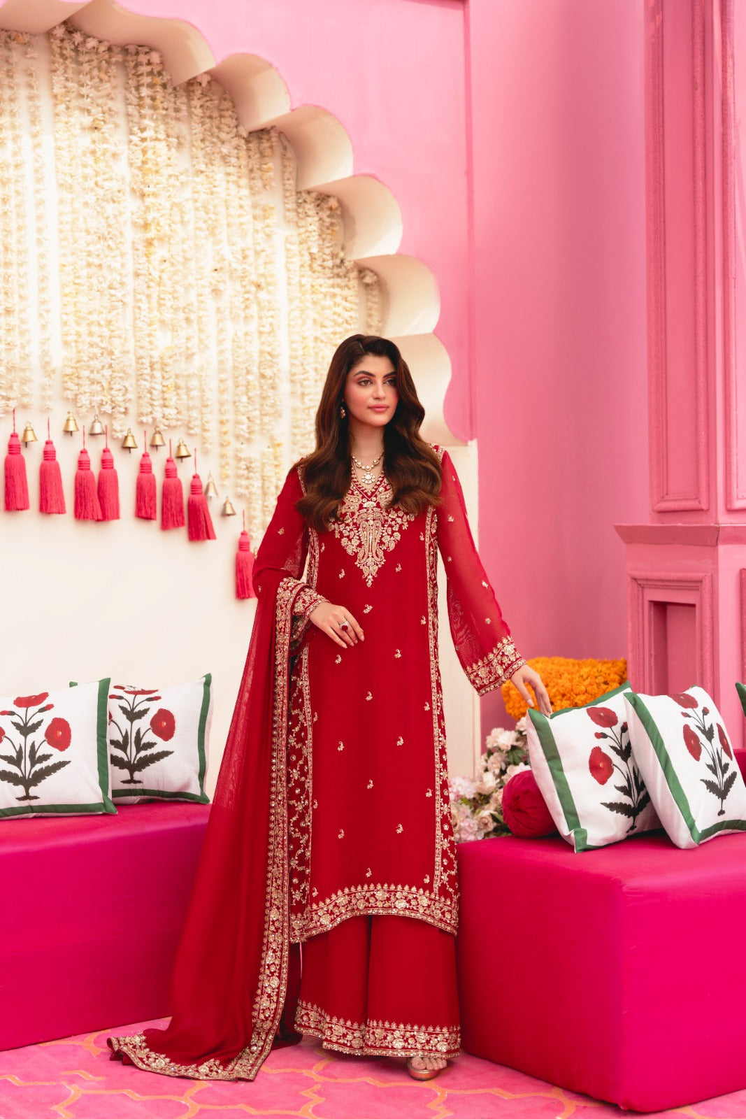 Maroon Zari Embroidered Cotton Net Kameez (3-Piece) - Image 5