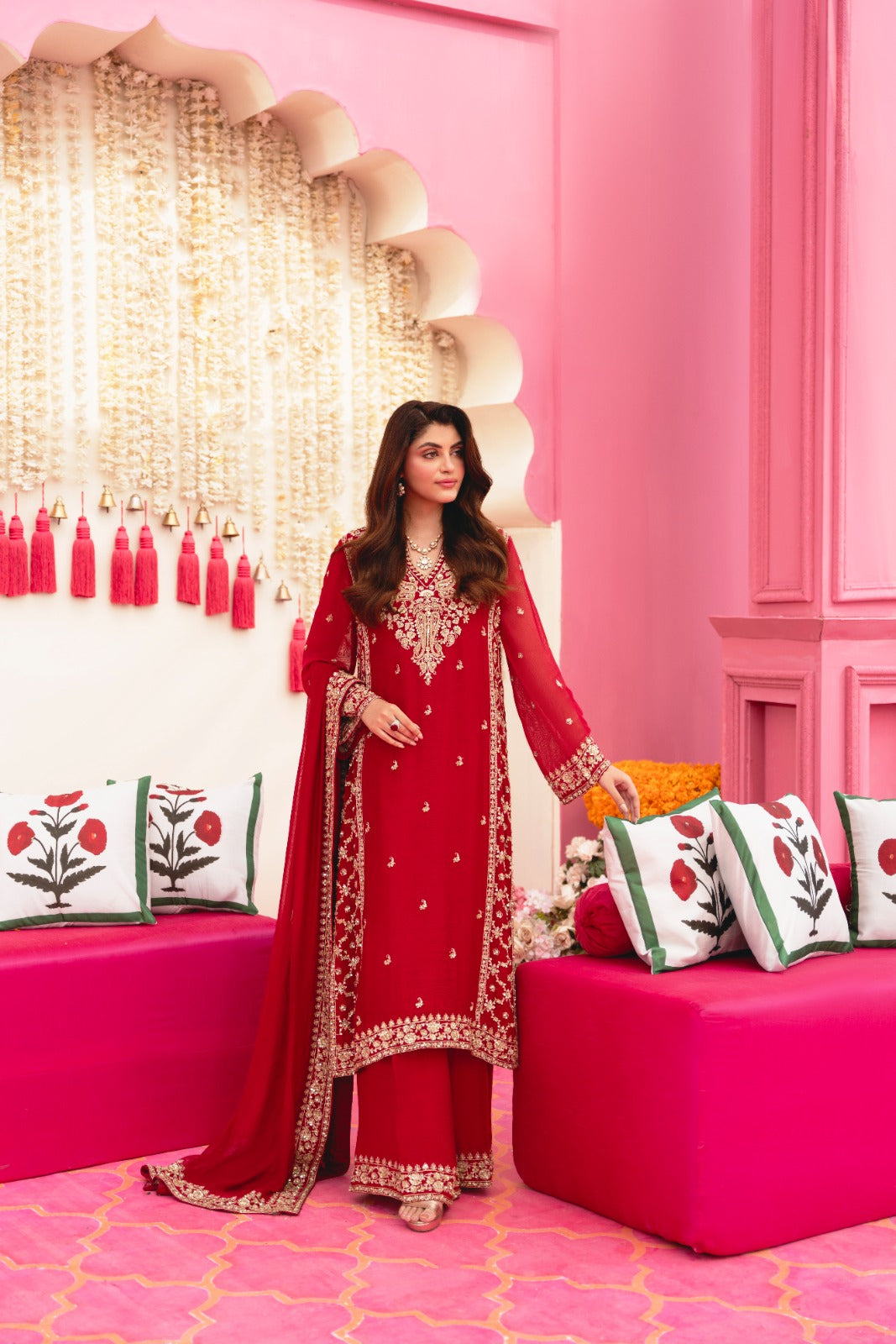 Maroon Zari Embroidered Cotton Net Kameez (3-Piece) - Image 6