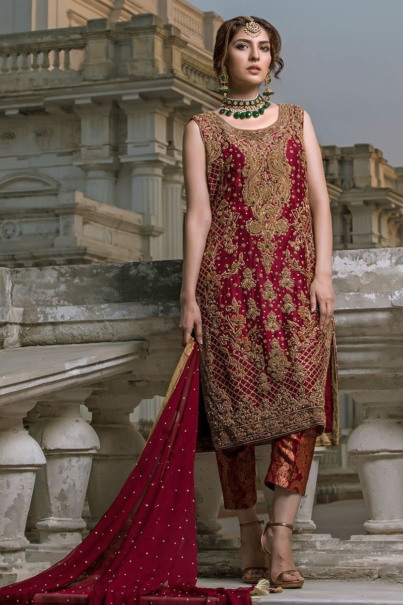 Pakistani Deep Maroon Embroidered Jamawar & Chiffon 3-Piece - Image 1