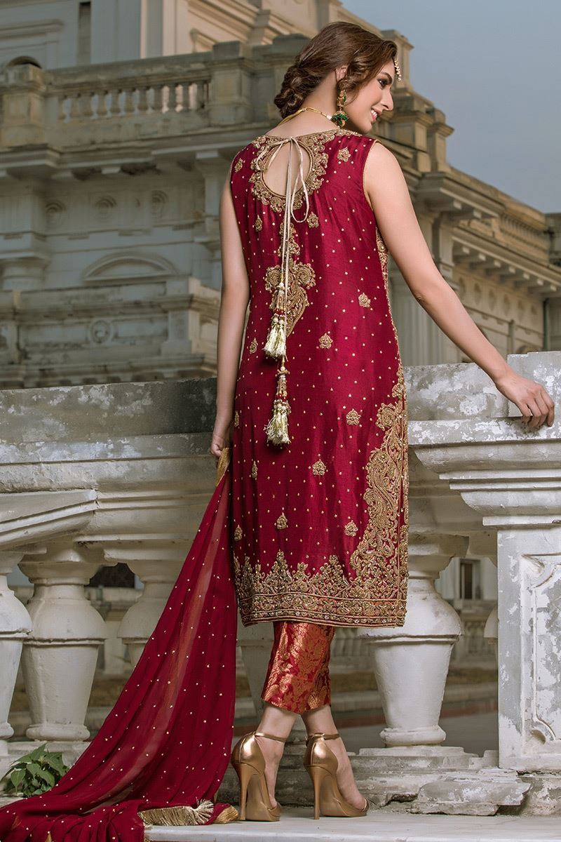 Pakistani Deep Maroon Embroidered Jamawar & Chiffon 3-Piece - Image 2