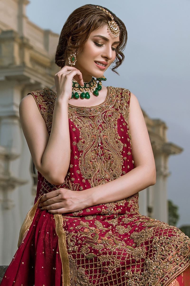 Pakistani Deep Maroon Embroidered Jamawar & Chiffon 3-Piece - Image 3