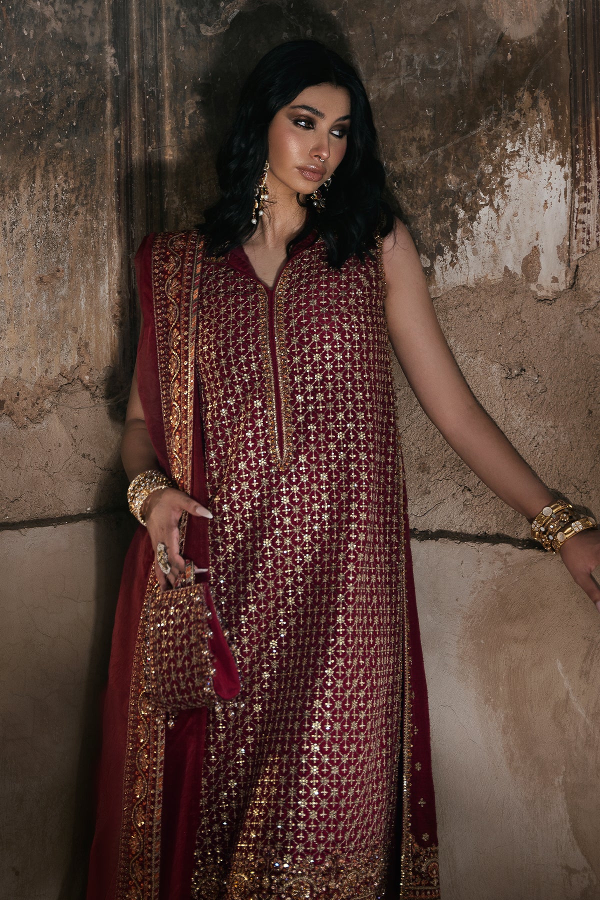 Pakistani Deep Maroon Embroidered Korean Raw Silk Salwar Kameez (3-Piece) - Image 1