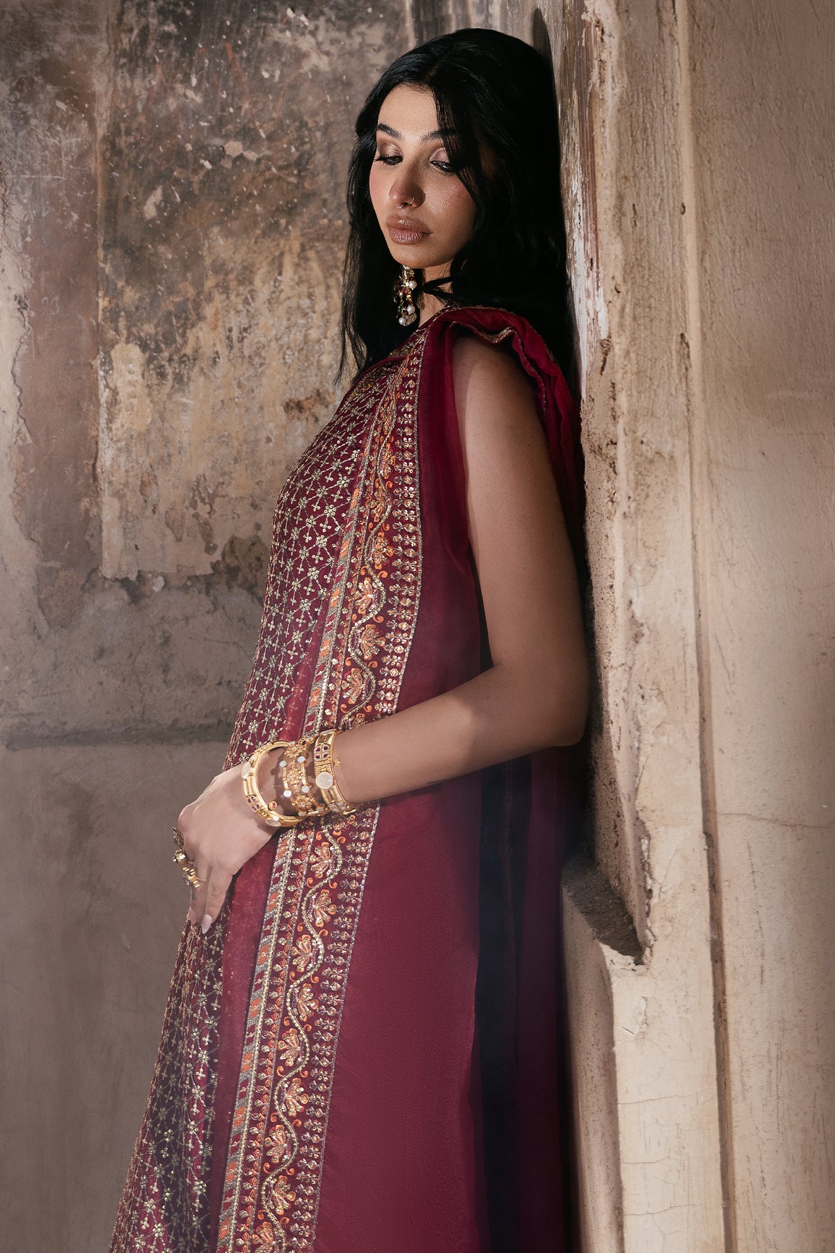 Pakistani Deep Maroon Embroidered Korean Raw Silk Salwar Kameez (3-Piece) - Image 2