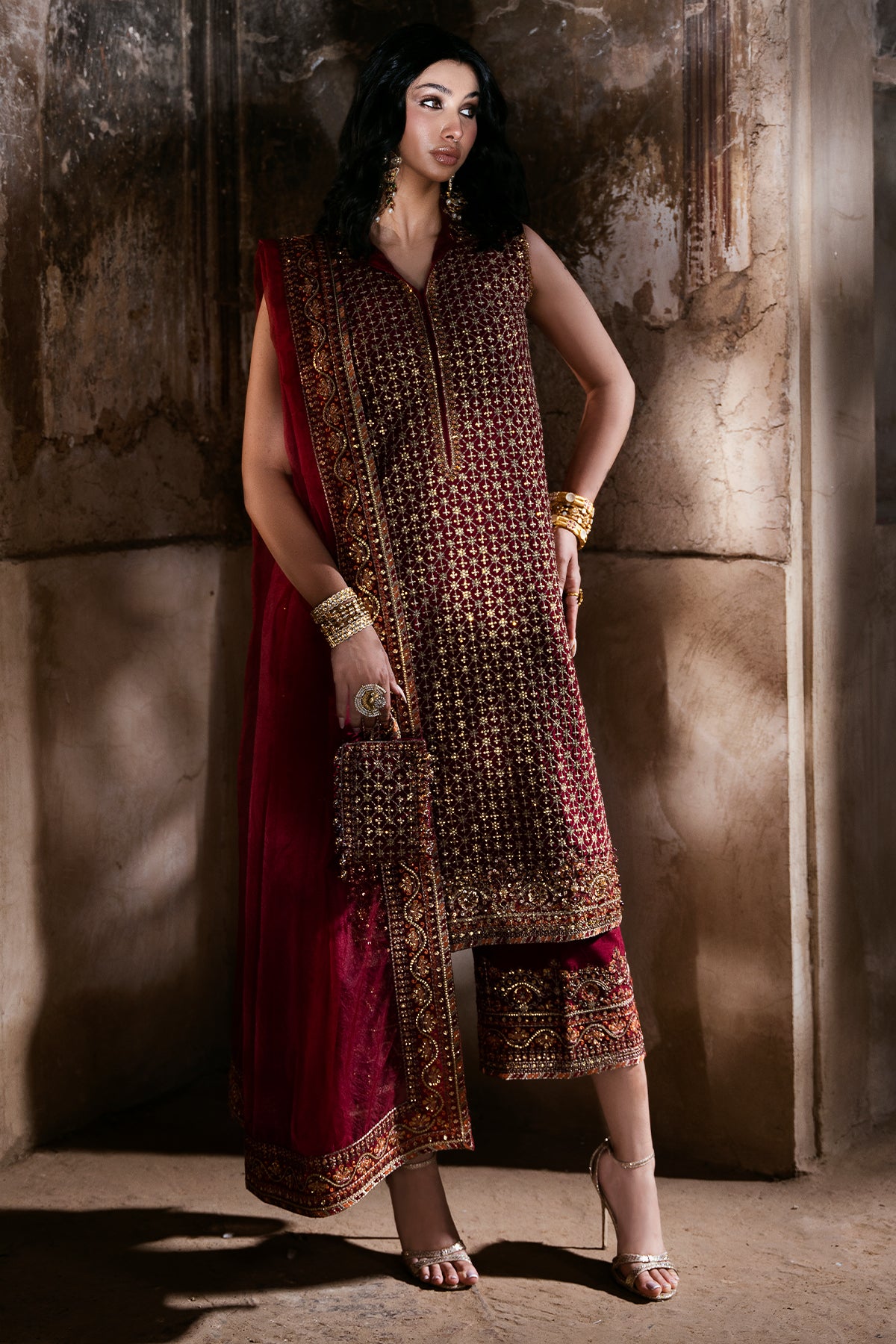 Pakistani Deep Maroon Embroidered Korean Raw Silk Salwar Kameez (3-Piece) - Image 3