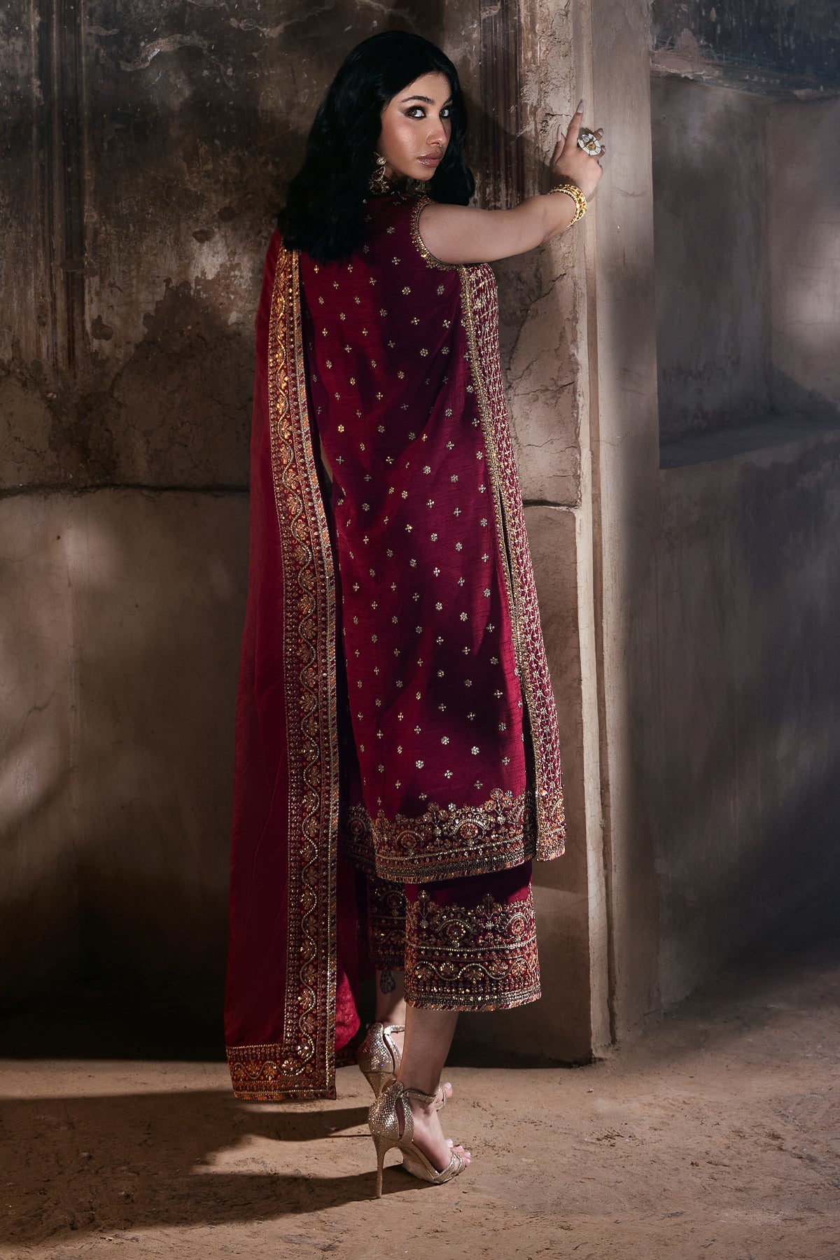 Pakistani Deep Maroon Embroidered Korean Raw Silk Salwar Kameez (3-Piece) - Image 4