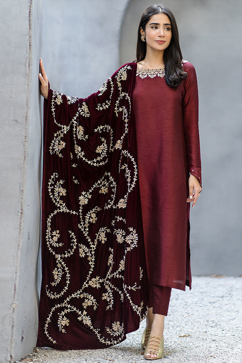 Maroon Embroidered Korean Silk Long Shirt (3-Piece) - Image 1