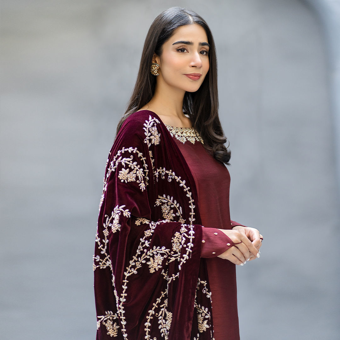 Maroon Embroidered Korean Silk Long Shirt (3-Piece) - Image 5