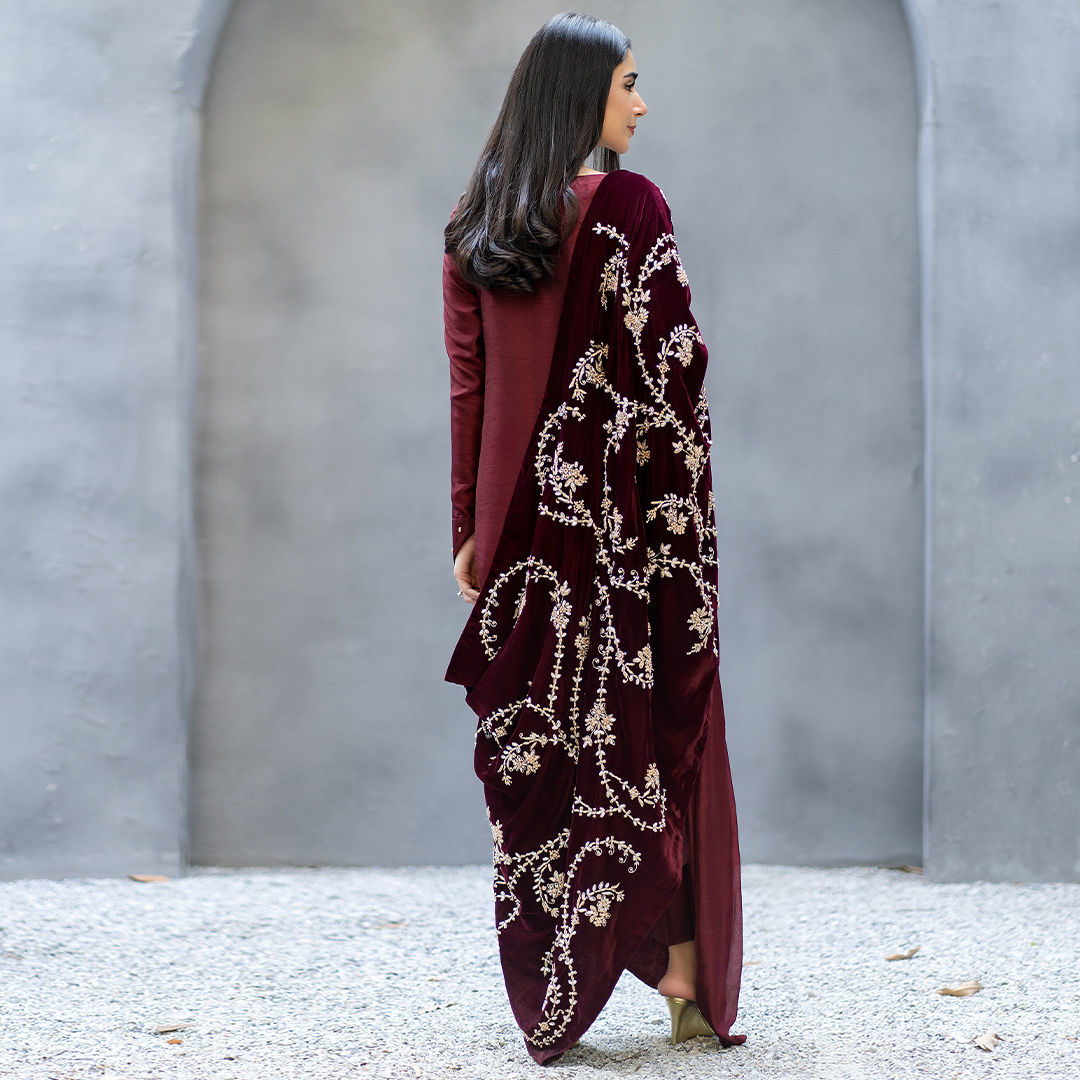 Maroon Embroidered Korean Silk Long Shirt (3-Piece) - Image 6