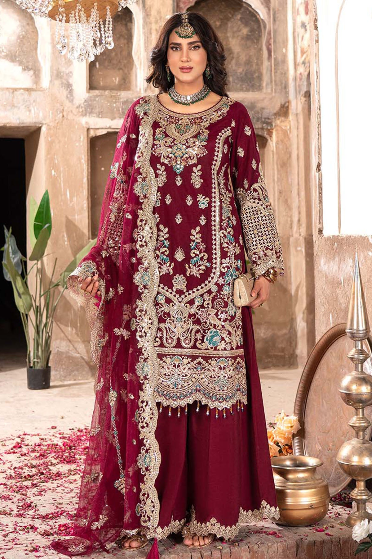 Maroon Embroidered Net Salwar Kameez (3-Piece) - Image 1