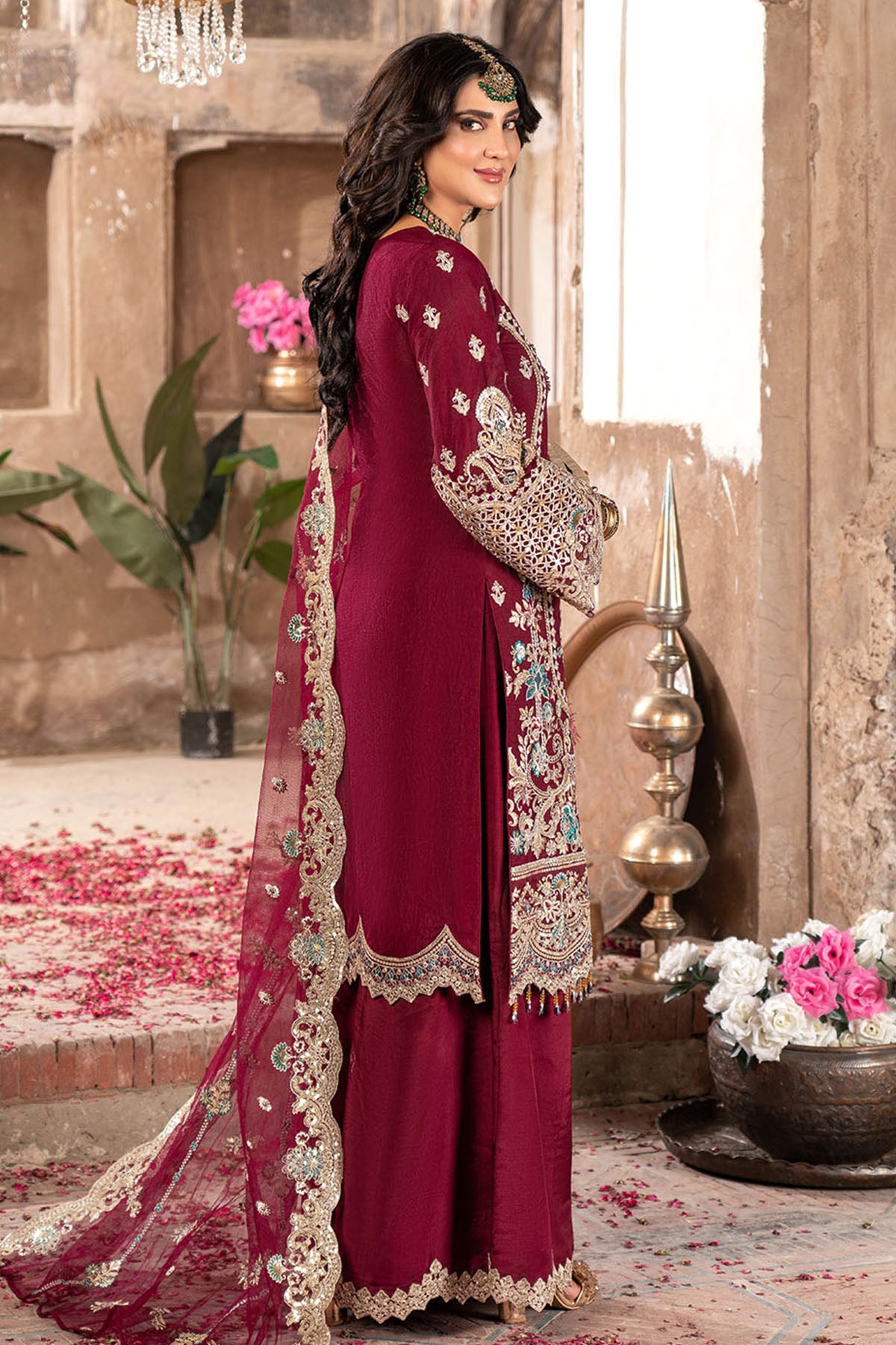 Maroon Embroidered Net Salwar Kameez (3-Piece) - Image 2