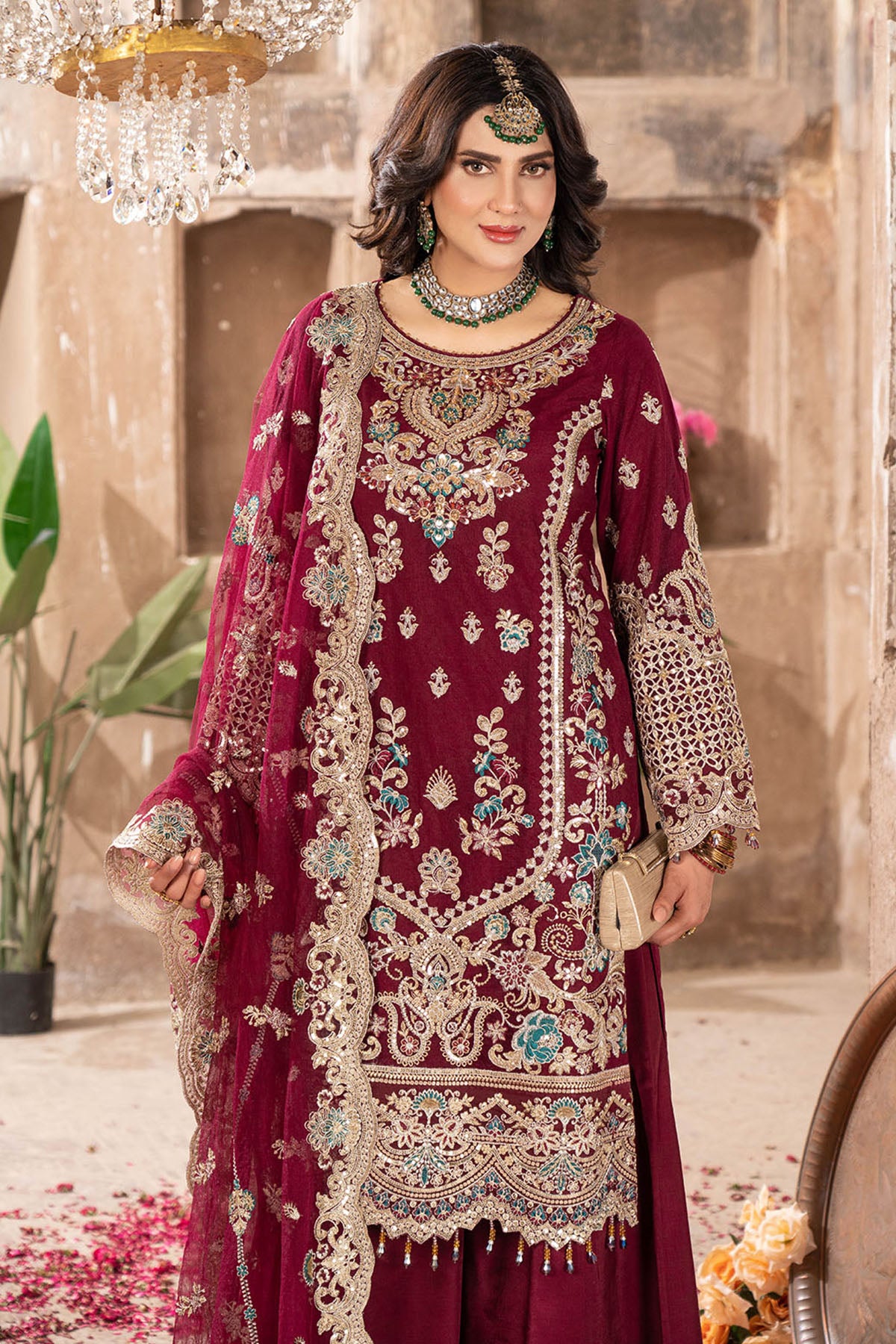 Maroon Embroidered Net Salwar Kameez (3-Piece) - Image 3