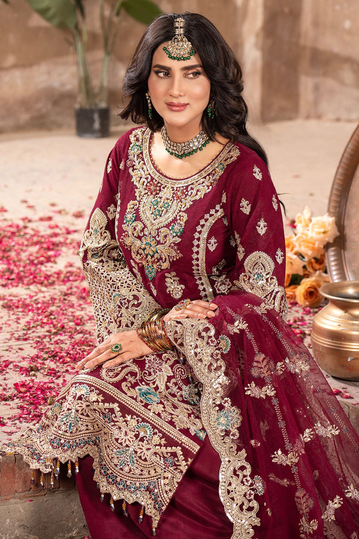 Maroon Embroidered Net Salwar Kameez (3-Piece) - Image 4