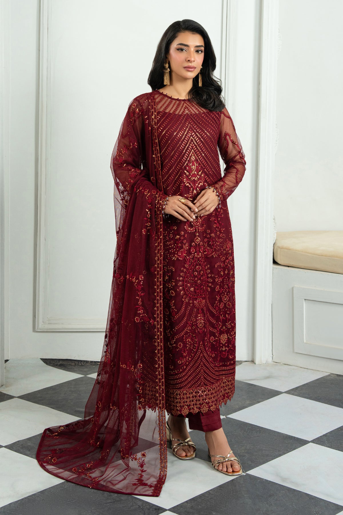 Deep Maroon Sequin Embroidered Net Salwar Kameez (3-Piece) - Image 1