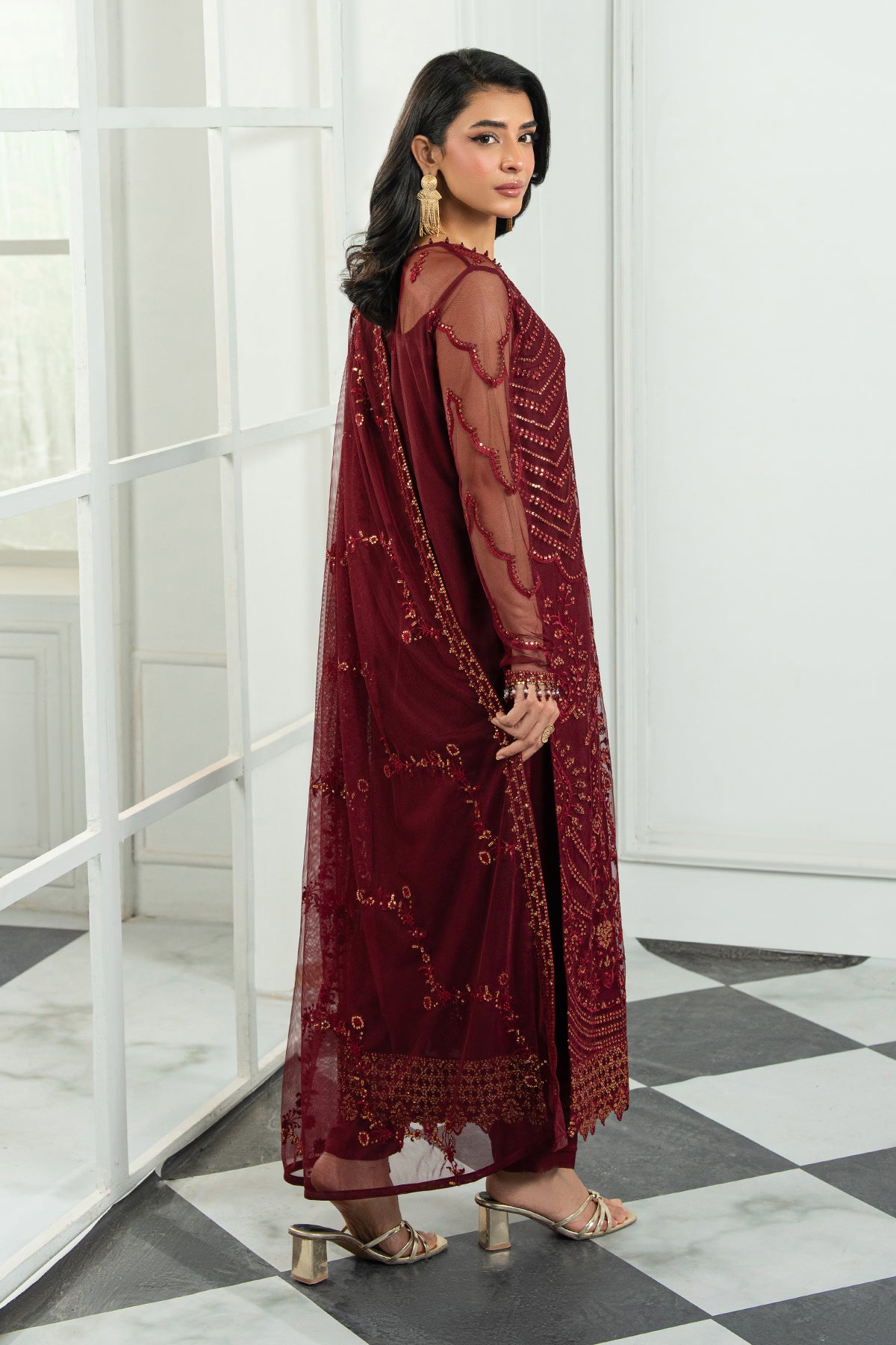 Deep Maroon Sequin Embroidered Net Salwar Kameez (3-Piece) - Image 2