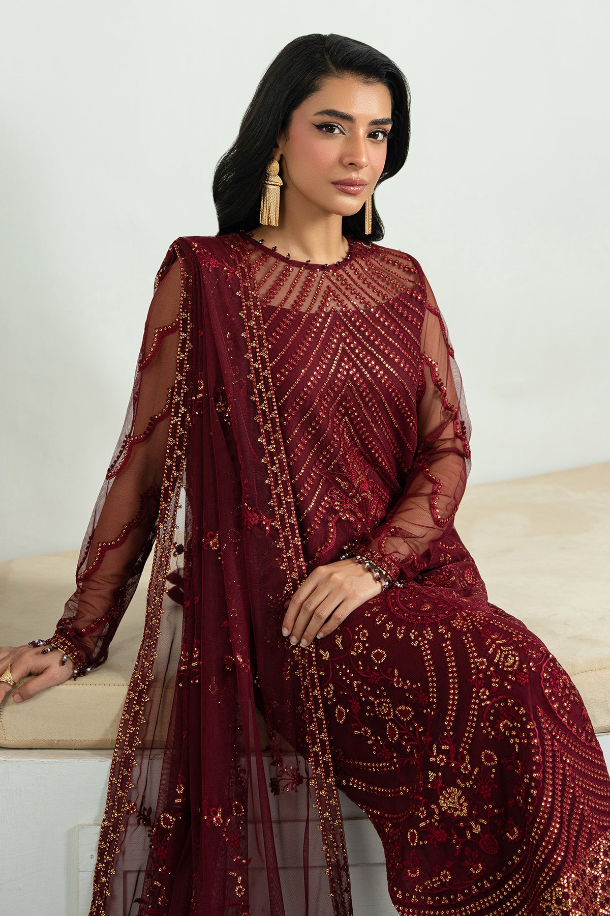 Deep Maroon Sequin Embroidered Net Salwar Kameez (3-Piece) - Image 3